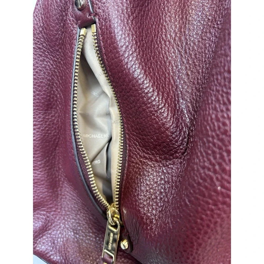 Michael Kors Burgundy Pebbled Shoulder Bag Gold Hardware Zip Inner Pockets
